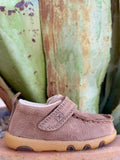 Side view of brown infant moccasin with stitched fastening strap, light lining, rear pull tab and contrasting tan sole — Blair's Western Wear Marble Falls TX