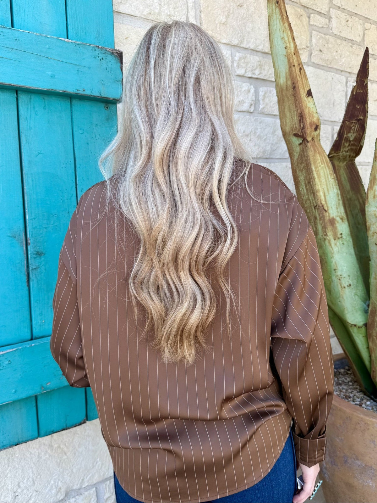 Women's Long Sleeve Pinstripe Button-Front Top