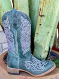 Women’s Corral Boots square-toe leather boot in turquoise with lavender Western embroidery, crafted with a roomy square toe and durable leather sole – T0200. Available at Blair's Western Wear, Marble Falls, TX.