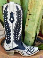 Women's Corral Western Boots Cowgirl Boots in Black and White, handcrafted leather for durability, with silver stud accents and layered inlay embroidery for bold style - C4160. Available at Blair's Western Wear, Marble Falls, TX.