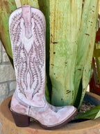 Women’s Corral Tall Western Boots in Light Pink Suede, handcrafted for a contoured fit, with intricate black stitching for standout detail - E1447. Available at Blair's Western Wear, Marble Falls, TX.