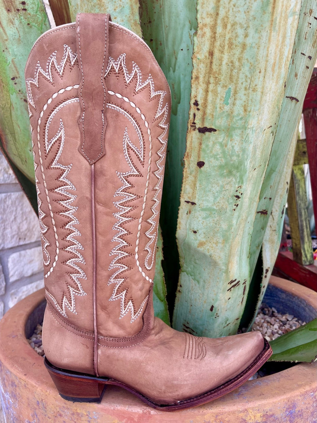 Women’s Circle G Western Boots Leather Tan Embroidered in Tan, handcrafted from genuine leather for comfort, with classic white western stitching and a leather sole with rubber heel cap - L6277. Available at Blair's Western Wear, Marble Falls, TX.