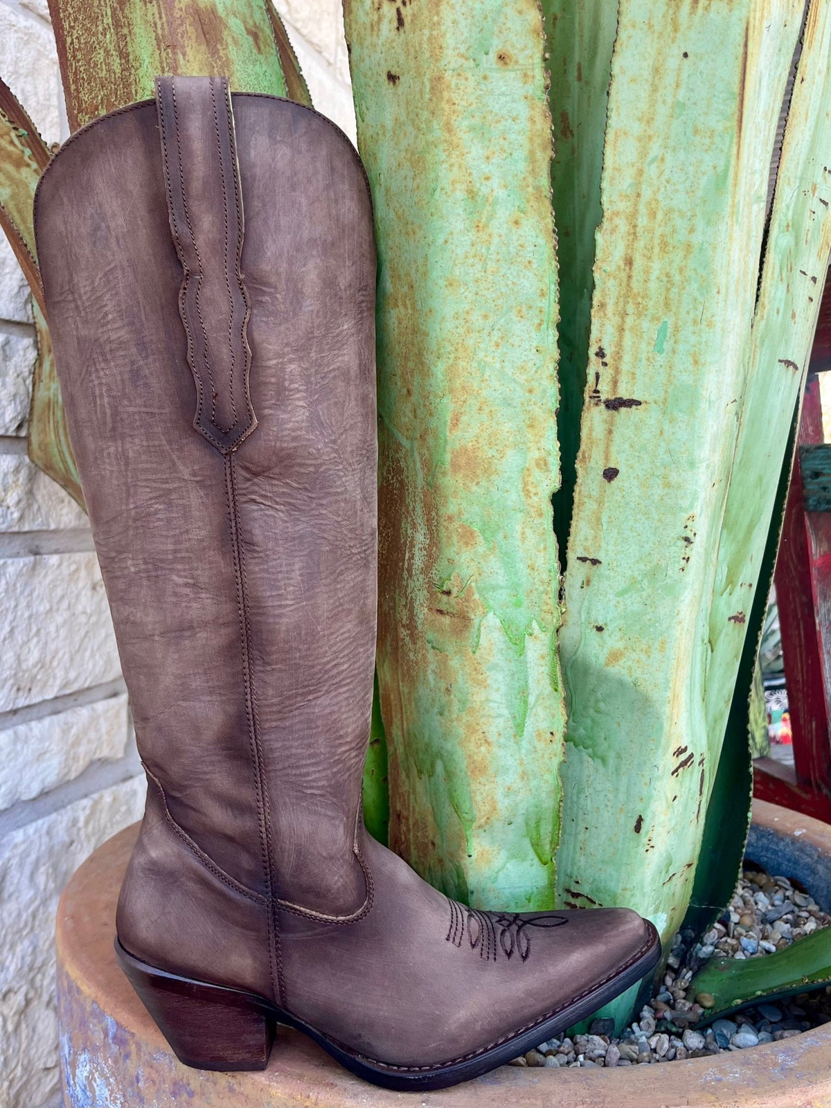 Women's Corral Boots Tall Top in distressed brown with intricate embroidery and durable outsole - Q7029. Available at Blair's Western Wear, Marble Falls, TX.