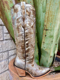 Women's Corral Tall Western Boots in metallic gold and silver, featuring elegant western embroidery on a 16-inch shaft with a 3.5-inch fiberglass heel and pointed toe design - Z5223. Available at Blair's Western Wear, Marble Falls, TX.