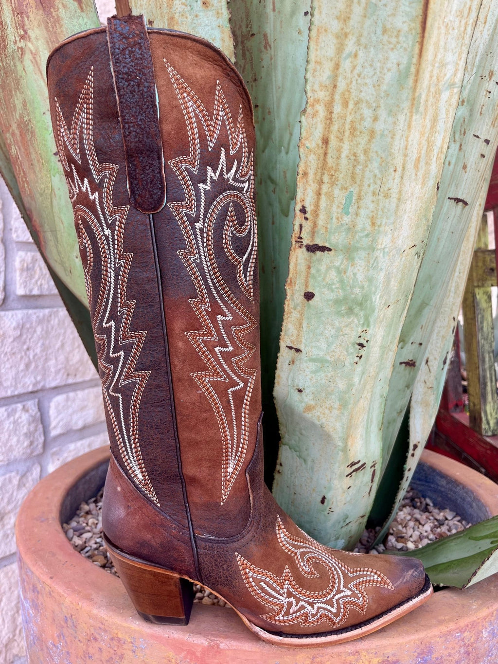 Women’s Corral Western Boots Tall Leather Boot in Brown, handcrafted from genuine leather for lasting durability, with intricate multi-tone embroidery and a side zipper for easy wear - Z5370. Available at Blair's Western Wear, Marble Falls, TX.