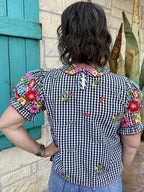 Women's Black and White Gingham Embroidered Blouse