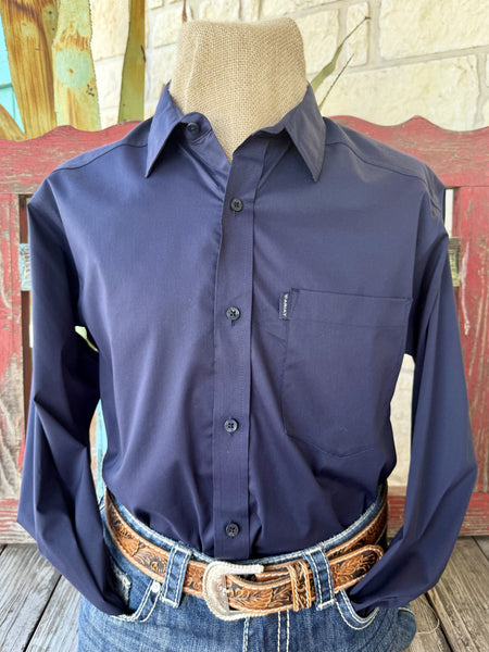 Men's solid navy button-down long-sleeve shirt — Blair's Western Wear Marble Falls TX