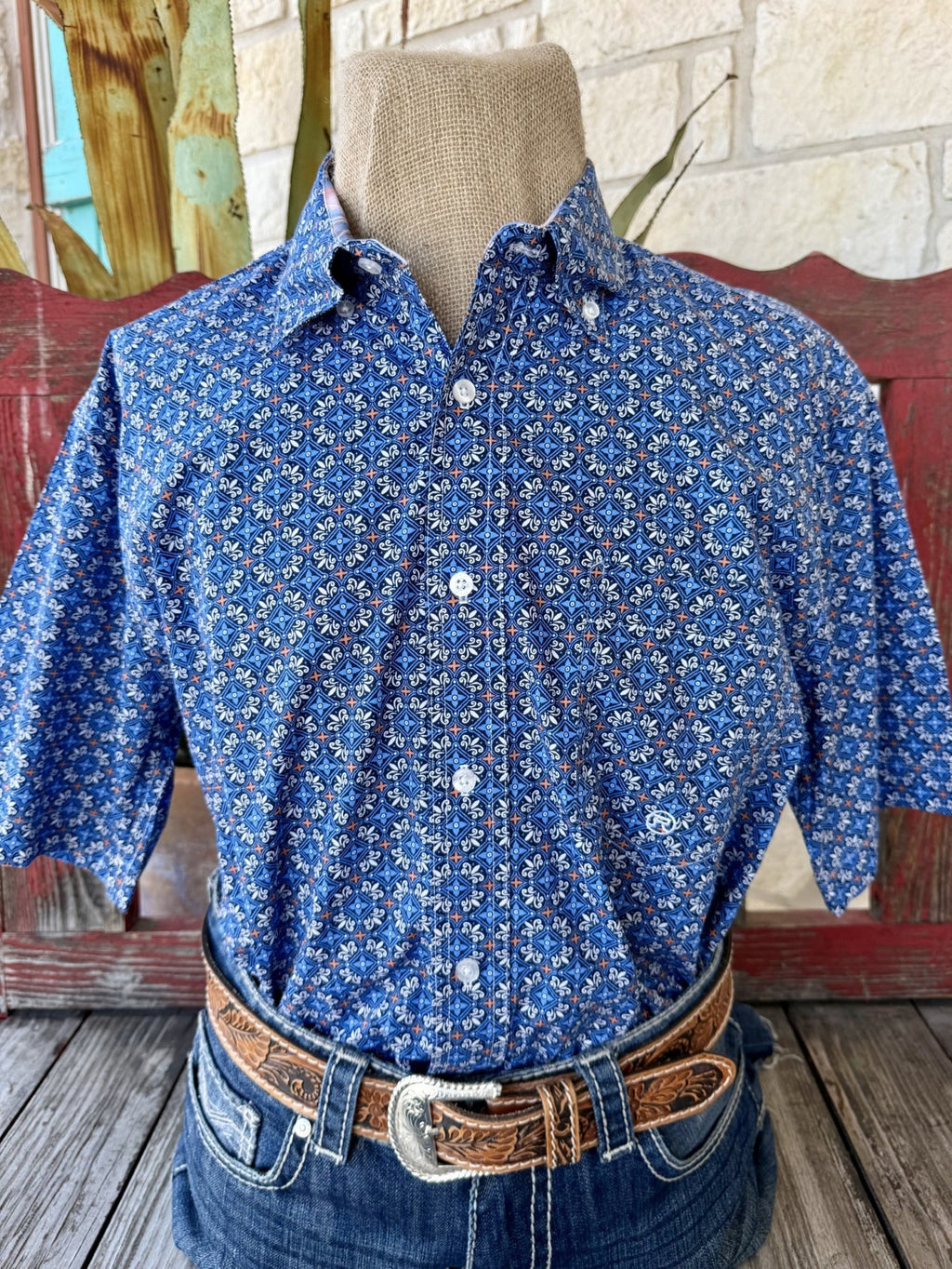 Men's blue and orange print snap-front short sleeve Western shirt — Blair's Western Wear Marble Falls TX
