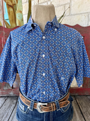 Men's blue and orange print snap-front short sleeve Western shirt — Blair's Western Wear Marble Falls TX