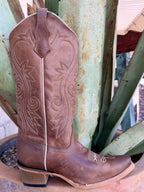 Brown leather Western boot with scroll embroidery, cream piping, pull tab and stacked-look heel — Blair's Western Wear Marble Falls TX