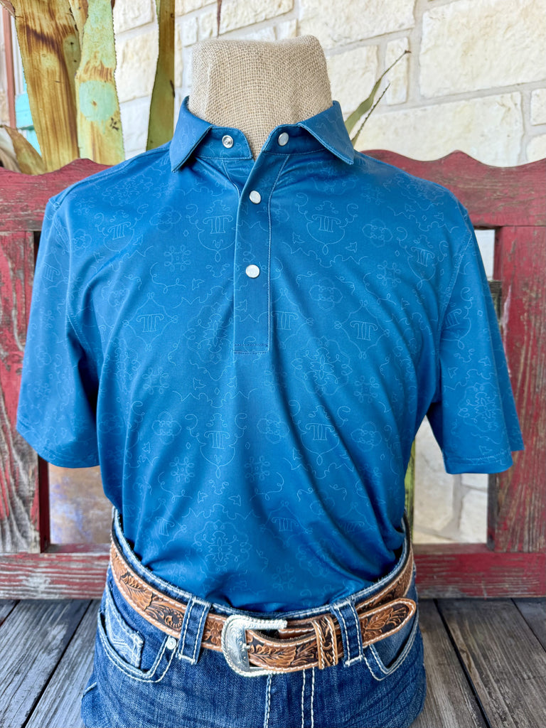 Men's blue geometric print short sleeve western polo shirt — Blair's Western Wear Marble Falls TX