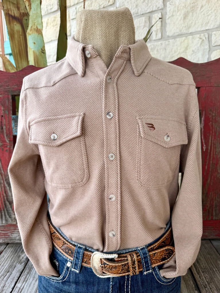 Men's tan and natural striped long sleeve button-up shirt with point collar and single chest pocket, front view — Blair's Western Wear Marble Falls TX