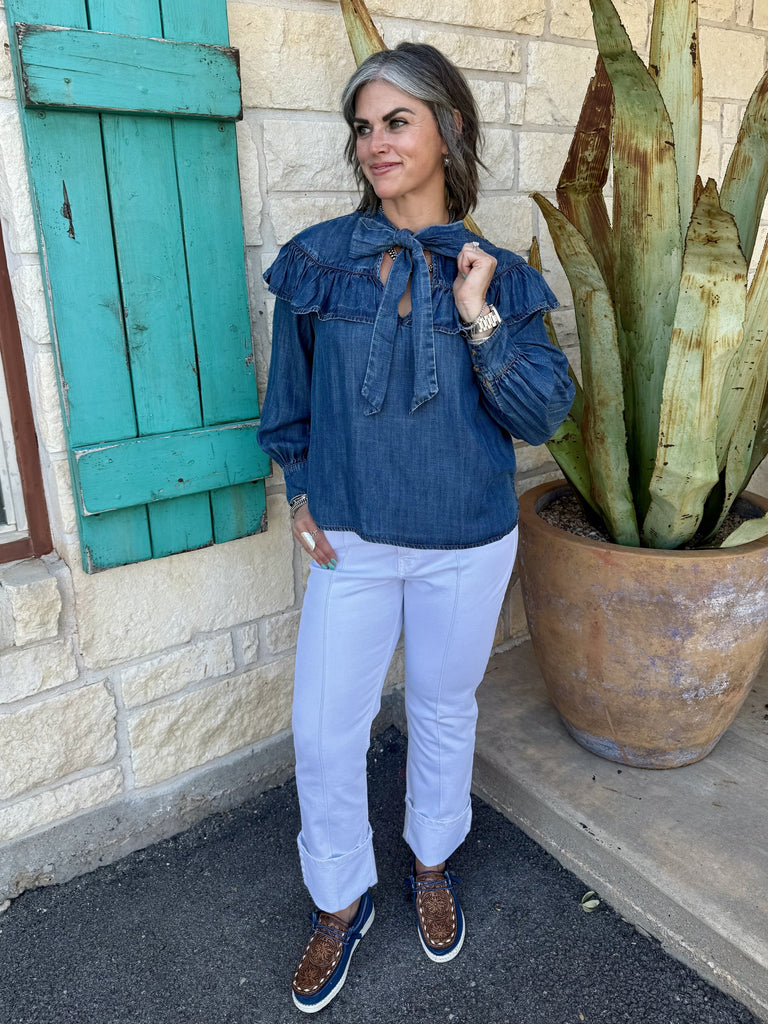 Women's Denim Ruffle Yoke Tie Neck Long Sleeve Blouse