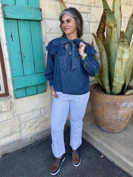 Women's Denim Ruffle Yoke Tie Neck Long Sleeve Blouse