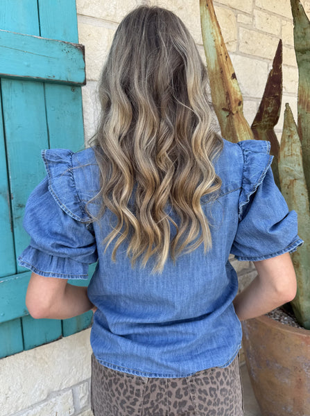 Women's Ivy Jane Short Sleeve Ruffle Denim Button-Down Top