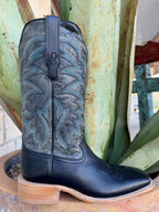 Side view of black square-toe Western boot with charcoal shaft, gray-blue stitching and natural-toned walking heel — Blair's Western Wear Marble Falls TX