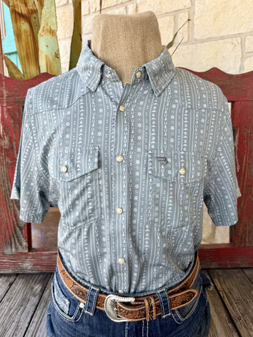 Men's sage Western print snap-front short sleeve knit shirt — Blair's Western Wear Marble Falls TX
