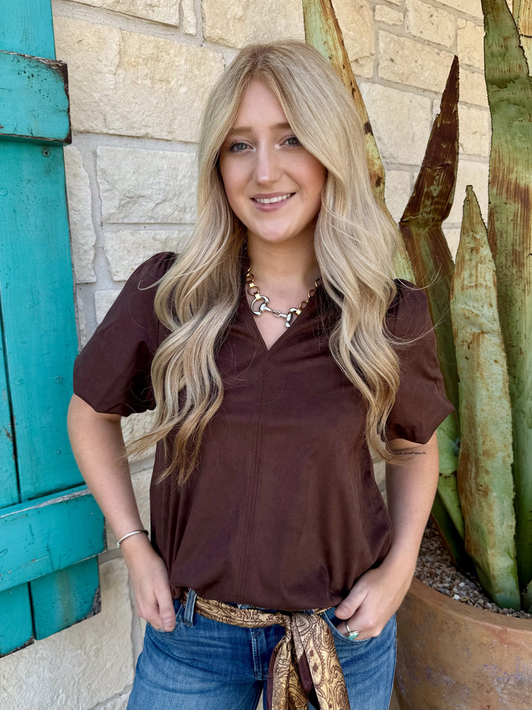 Women's Short Sleeve V-Neck Suede Pullover Top