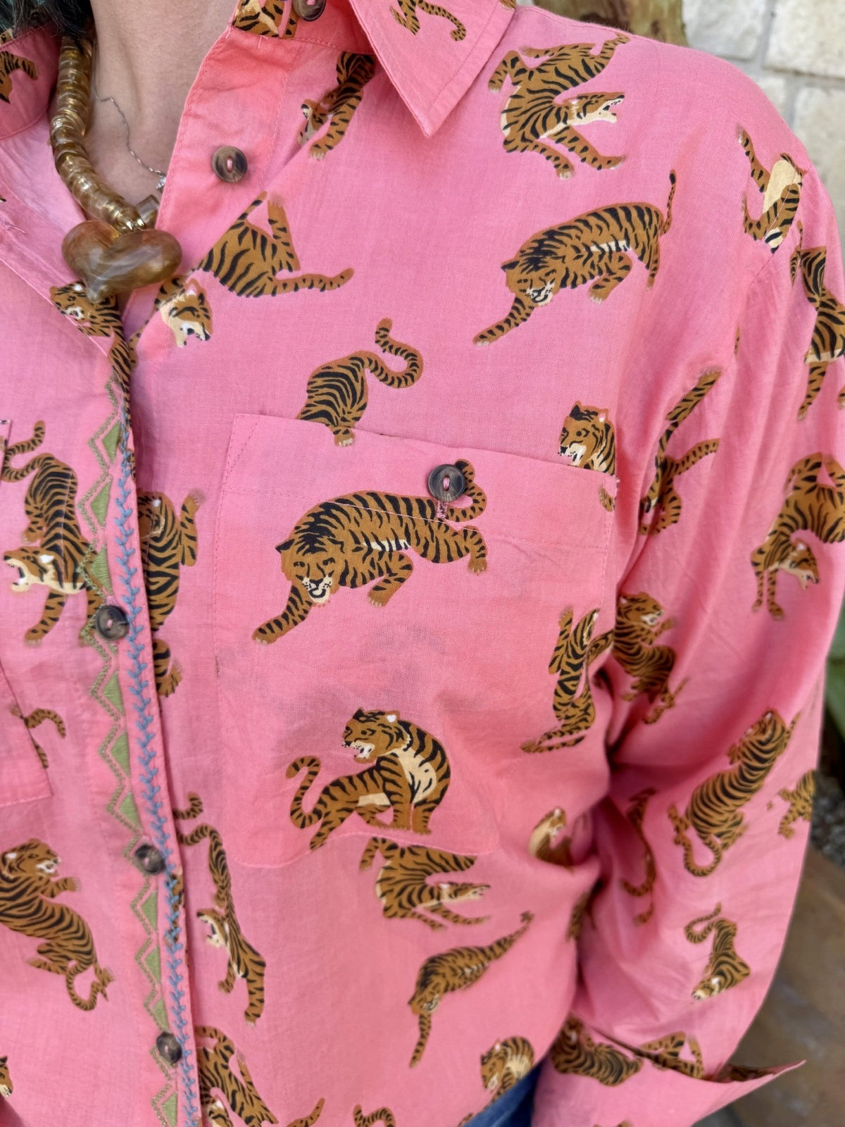 Women's Pink Tiger Print Long Sleeve Button-Front Shirt