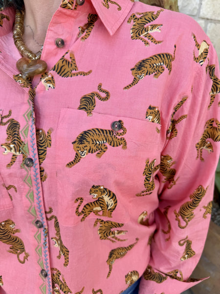 Women's Pink Tiger Print Long Sleeve Button-Front Shirt