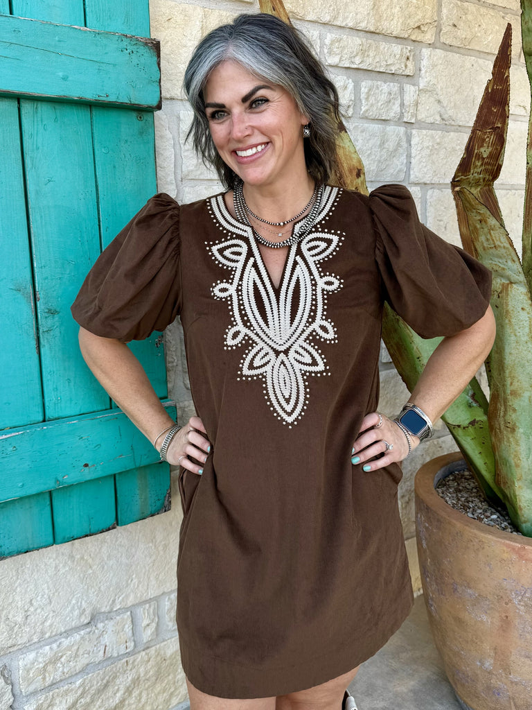 Women's Brown Corduroy Embroidered Puff Sleeve Dress