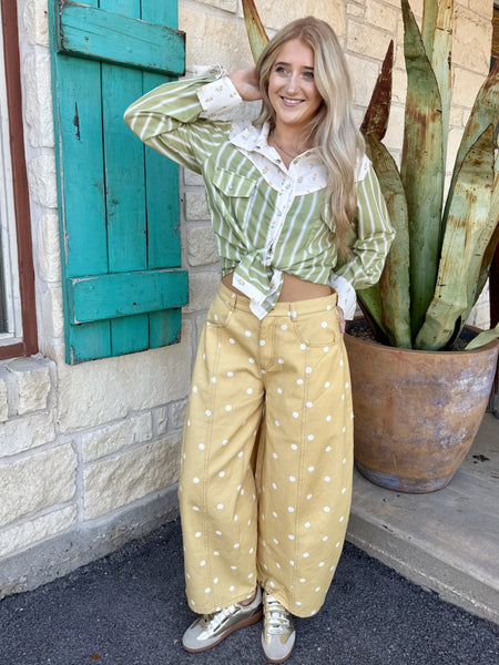 Women's Olive Stripe Retro Snap Shirt with Floral Yoke