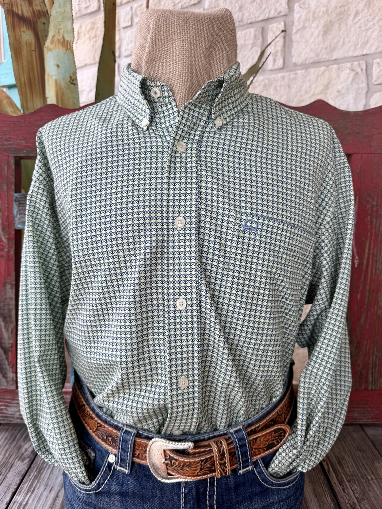 Men's lime and navy geometric print long sleeve button-up shirt with point collar and single chest pocket, front view — Blair's Western Wear Marble Falls TX