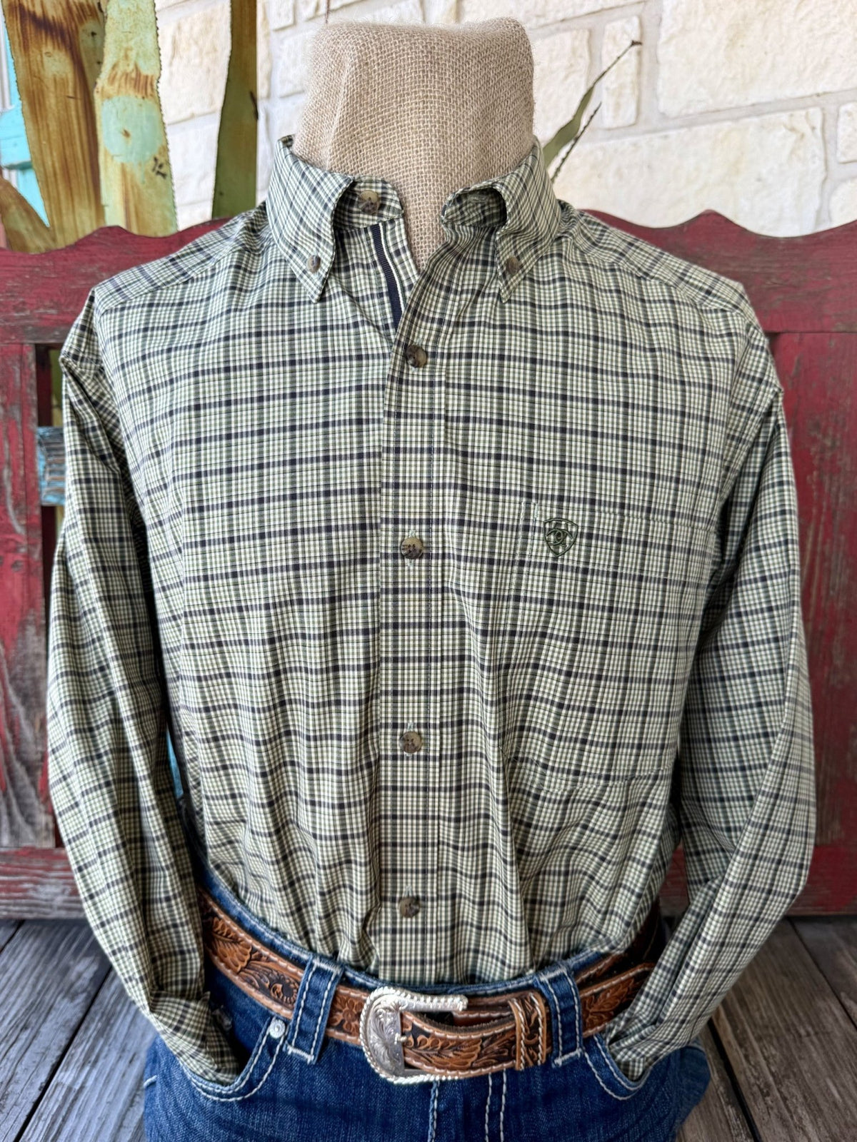 Men's olive and black checked long-sleeve shirt — Blair's Western Wear Marble Falls TX