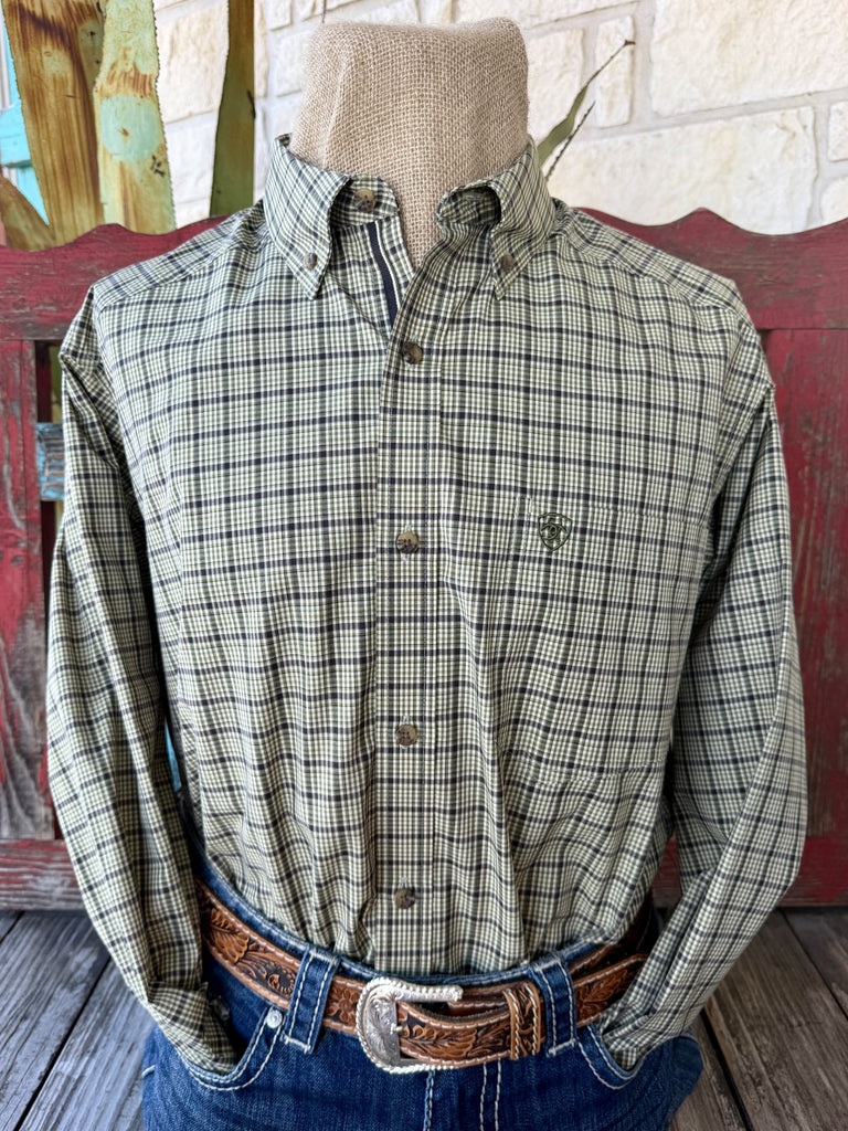 Men's olive and black checked long-sleeve shirt — Blair's Western Wear Marble Falls TX