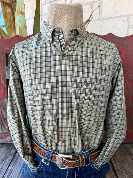 Men's olive and black checked long-sleeve shirt — Blair's Western Wear Marble Falls TX