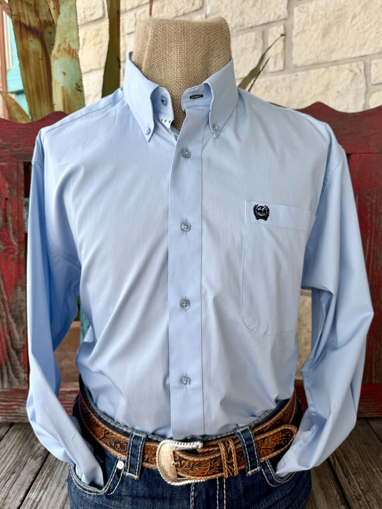 Men's solid light blue long sleeve button-up shirt with point collar and single chest pocket, front view — Blair's Western Wear Marble Falls TX
