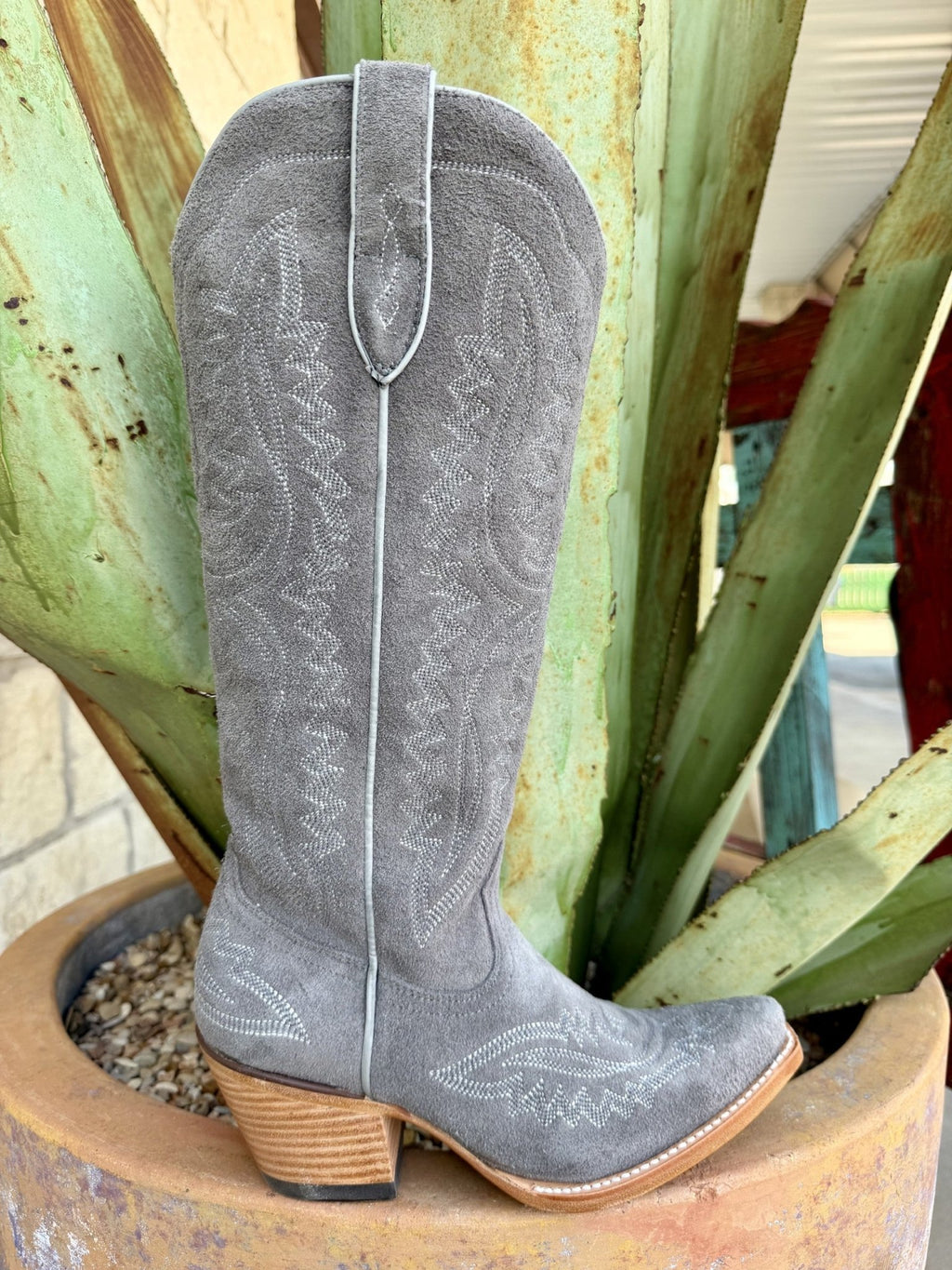 Front view of women's ash gray suede Ariat Casanova tall western boot showing cream embroidery detail and snip toe — Blair's Western Wear Marble Falls TX