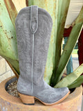 Front view of women's ash gray suede Ariat Casanova tall western boot showing cream embroidery detail and snip toe — Blair's Western Wear Marble Falls TX