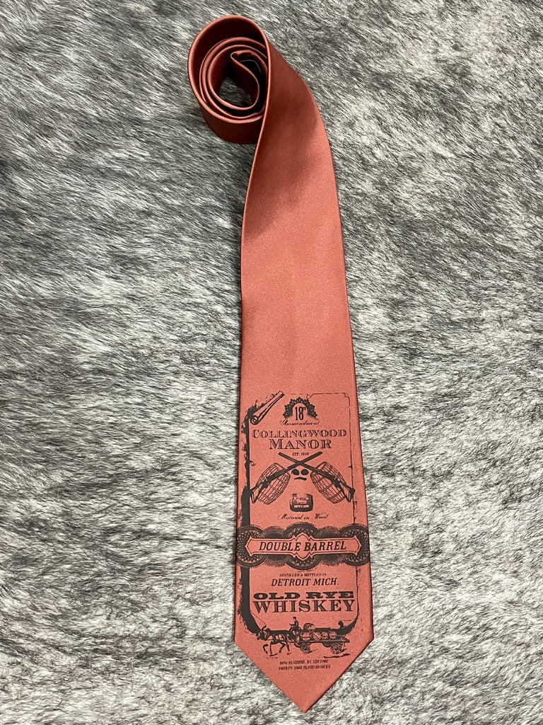 Men's cinnamon terracotta satin necktie with tonal vintage whiskey label novelty print, smooth finish, standard width pointed tip — Blair's Western Wear Marble Falls TX