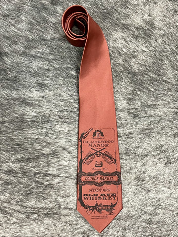 Men's cinnamon terracotta satin necktie with tonal vintage whiskey label novelty print, smooth finish, standard width pointed tip — Blair's Western Wear Marble Falls TX
