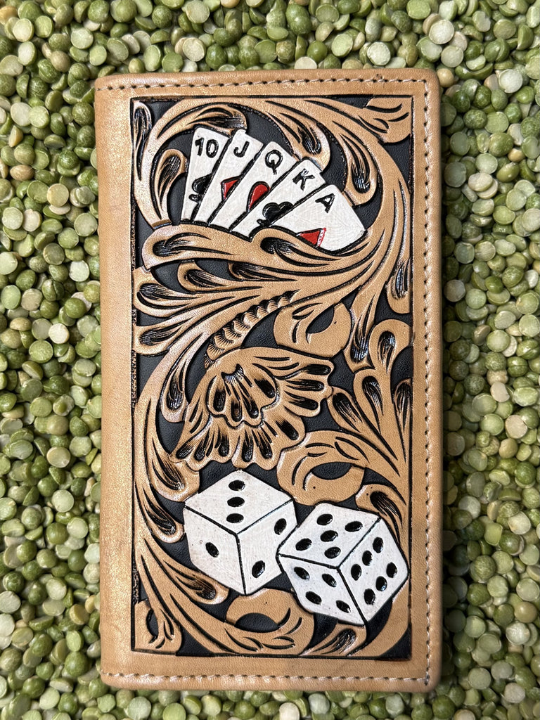 Men's Poker Cards & Dice Floral Tooled Leather Checkbook Wallet
