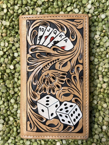 Men's Poker Cards & Dice Floral Tooled Leather Checkbook Wallet