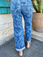 Women's Light Wash Floral Scroll Print Straight Ankle Jeans