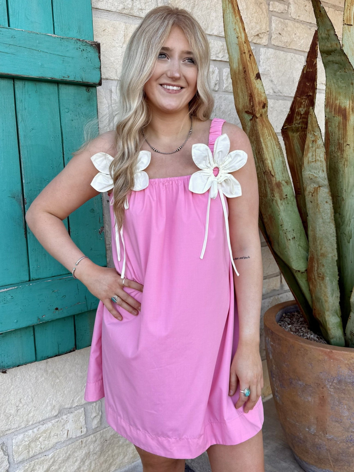 Women's Pink Floral Shoulder Mini Dress