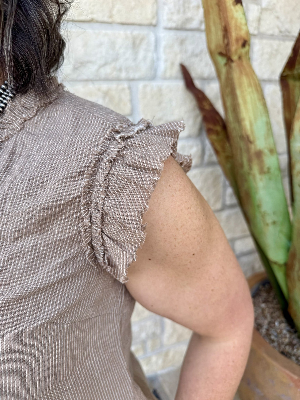 Women's Taupe Ruffle Pintuck Blouse
