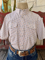 A short-sleeve western-style button-up shirt with a beige, brown, and white geometric pattern, displayed on a mannequin torso styled with blue jeans and a brown leather belt.