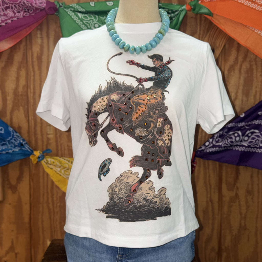 Women's Boujee Bronc Bling Rhinestone Graphic Crop Tee