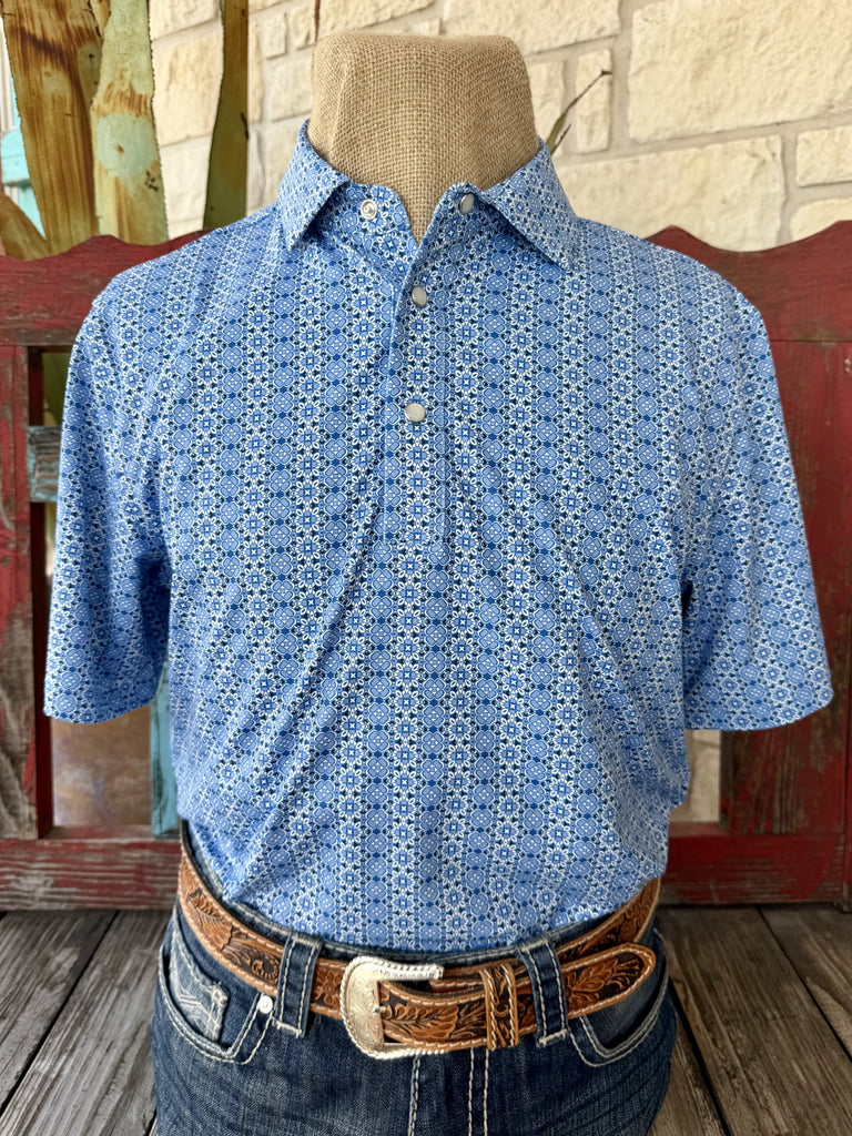 Men's light blue print short sleeve western snap popover shirt with point collar, partial snap placket, and chest pocket — Blair's Western Wear Marble Falls TX