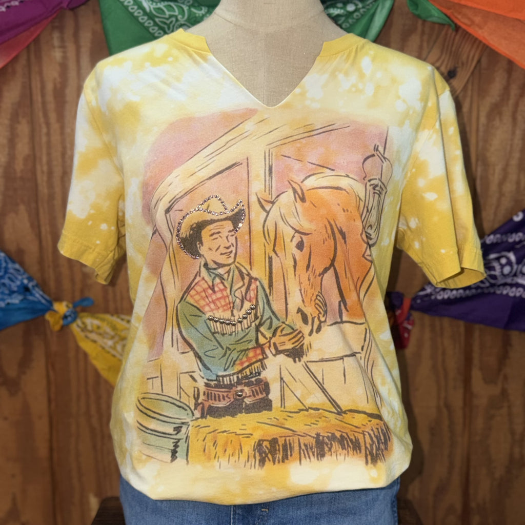 Women's Retro Cowboy & Horse Hay Bleach Wash Graphic Tee