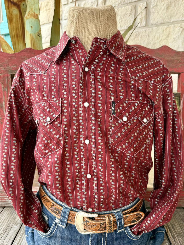 Men's Cinch wine and olive long sleeve print modern fit button-up shirt — Blair's Western Wear Marble Falls TX