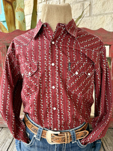 Men's Cinch wine and olive long sleeve print modern fit button-up shirt — Blair's Western Wear Marble Falls TX