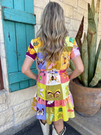 Colorblock Butterfly Print Button-Front Midi Dress
