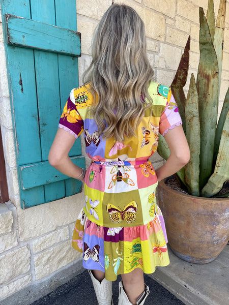 Colorblock Butterfly Print Button-Front Midi Dress