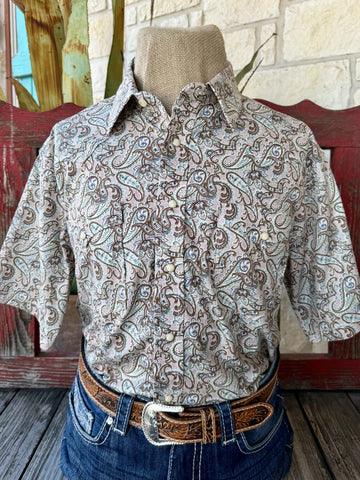 Men's sage brown and light blue paisley snap-front short sleeve Western shirt — Blair's Western Wear Marble Falls TX