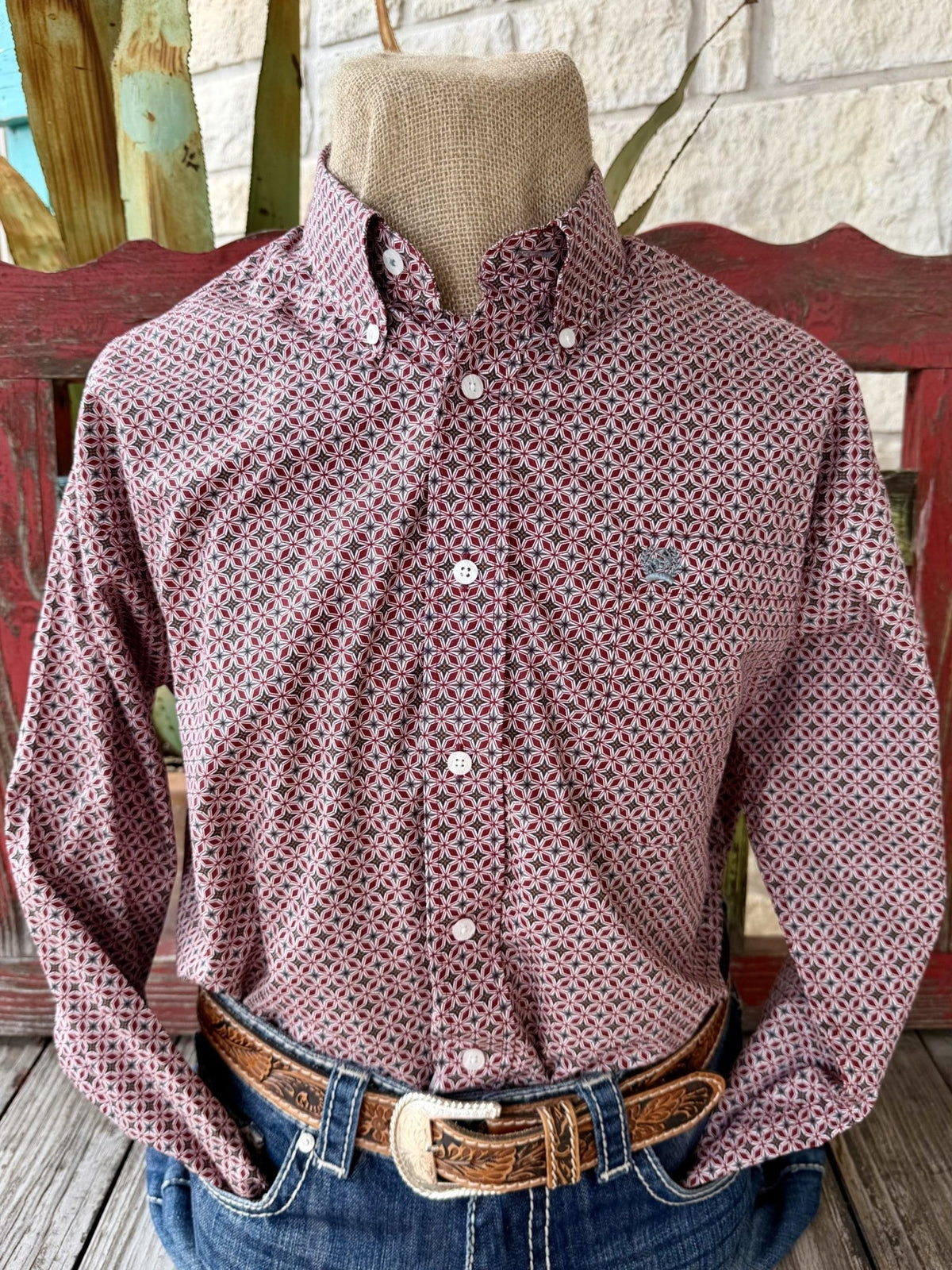 Men's Cinch wine and gray long sleeve print button-up shirt — Blair's Western Wear Marble Falls TX